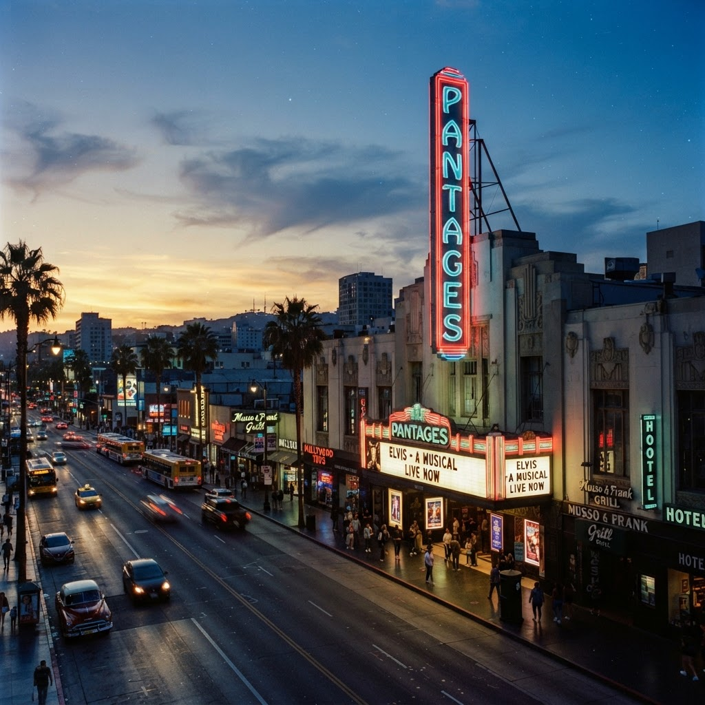 Historic Los Angeles theater marquee at dusk